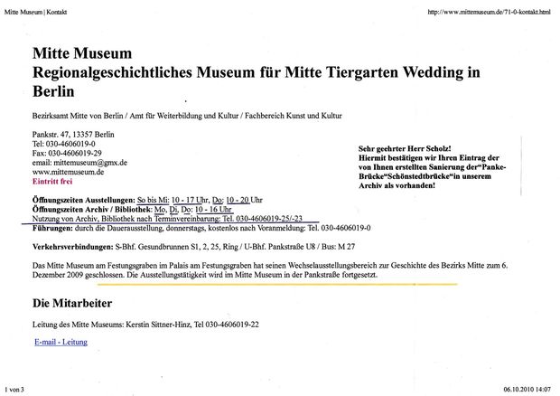 Schönstedtstraßenbrücke / Panke Museumseingangsbestätigung