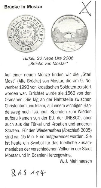 Stari Most ,die Türkei zeigt auf einer 20 Liramünze die Brücke 