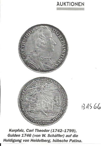 Karl-Theodor-Brücke (Alte Brücke) die Brücke wird auf einen Gulden von 1746 im Stadtbild gezeigt