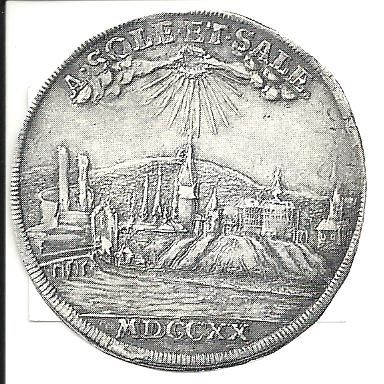 Alte Saalebrücke, Stichdarstellung auf Münze