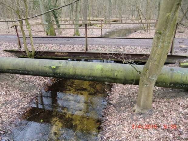 Wartungsfahrwegbrücke im Forst / Fredersdorfer Mühlenfließ, im Bildhintergrund