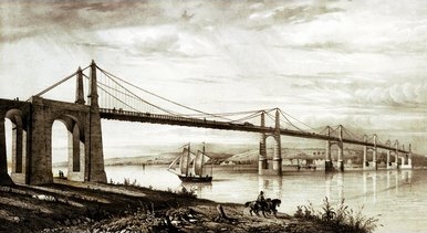 Le pont suspendu de Cubzac de 1836 sur la Dordogne à Cubzac-les-Ponts (Gironde, France)