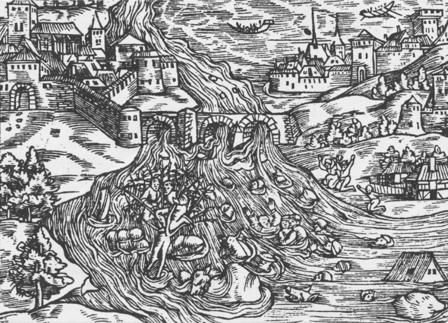 La Buzza di Biasca distrugge il ponte della Torretta a Bellinzona - Silografia del 1548