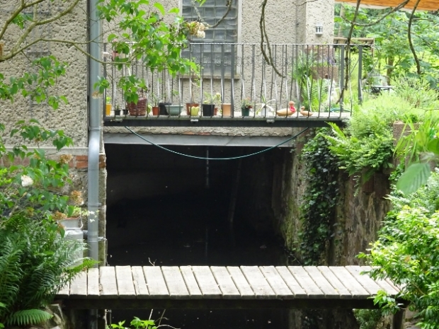 Gartenwegbrücke / Bardenitzer Fließ, am unteren Bildrand im Bildvordergrund