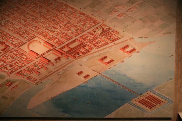 Köln zu Zeiten der Römer (4.Jahrhundert) auf einer Zeichnung im Römisch-Germanischen Museum