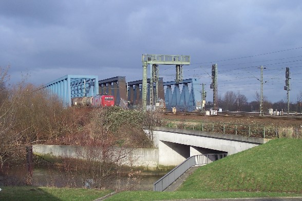 im Hintergrund die Süderelbebrücken